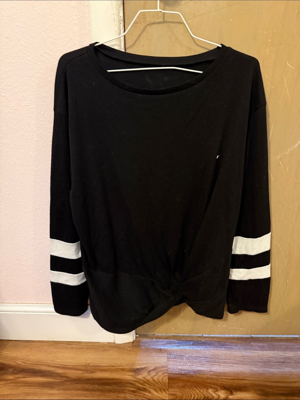 Black Long-Sleeve Knit Sweater with White Sleeve Stripes